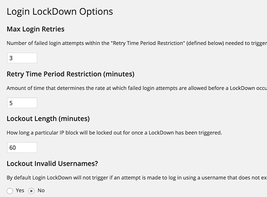 Login LockDown settings