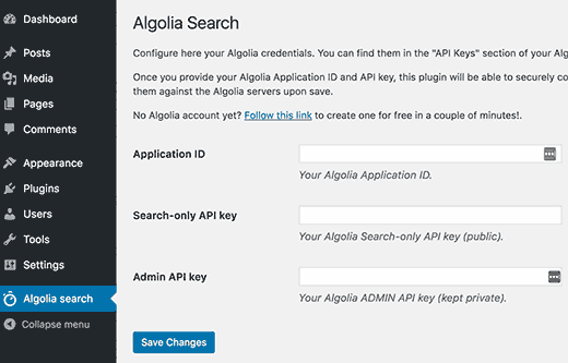 Algolia插件设置页面