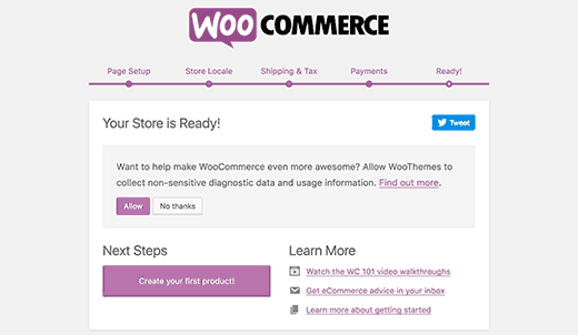 WooCommerce setup finished