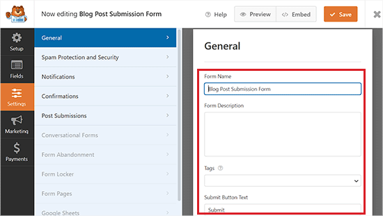 Configure the general form settings Configure the general form settings