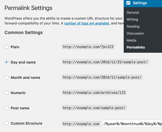 Permalink settings page in WordPress