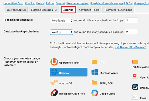 UpdraftPlus settings