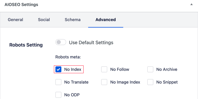 Click on the No Index Checkbox