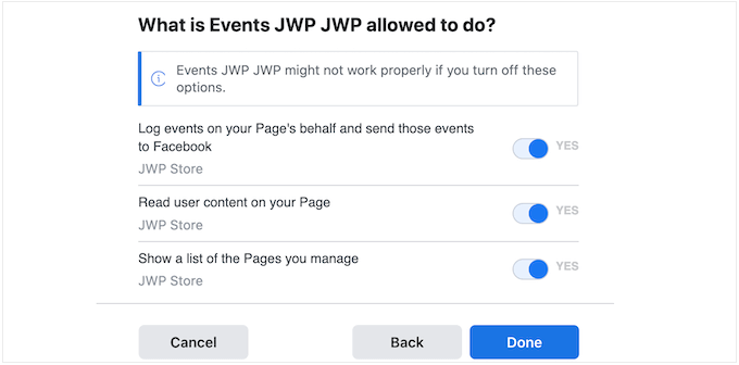 Enabling event permissions for your Facebook calendar feed