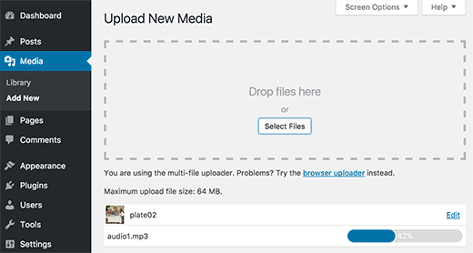Upload your audio and image files in WordPress