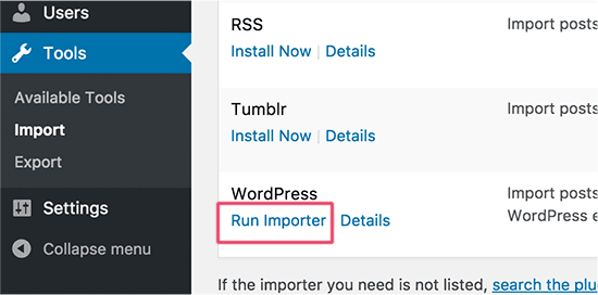Запустите импортер WordPress