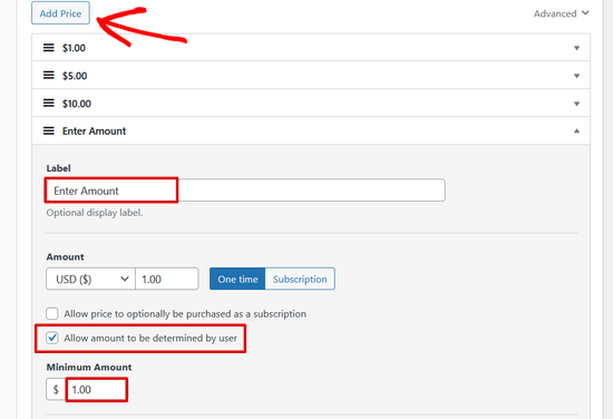 Add amount to be determined by user donation option