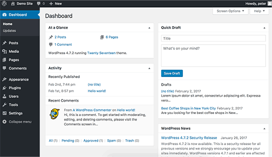 Default WordPress dashboard