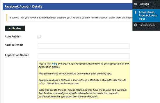 Facebook auto publish settings page