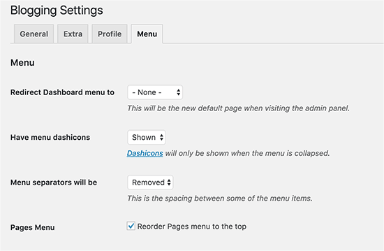 WordPress admin menu settings