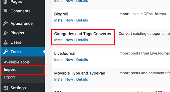 Install categories and tags converter in WordPress