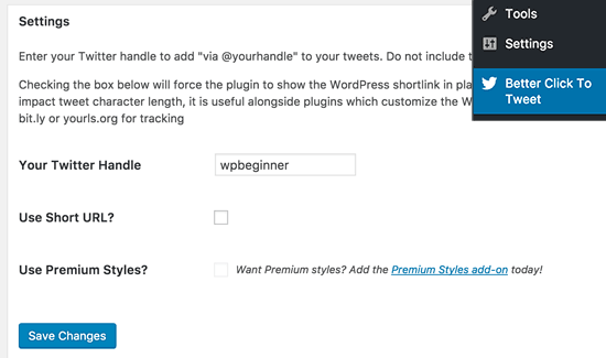 Better Click to Tweet plugin settings