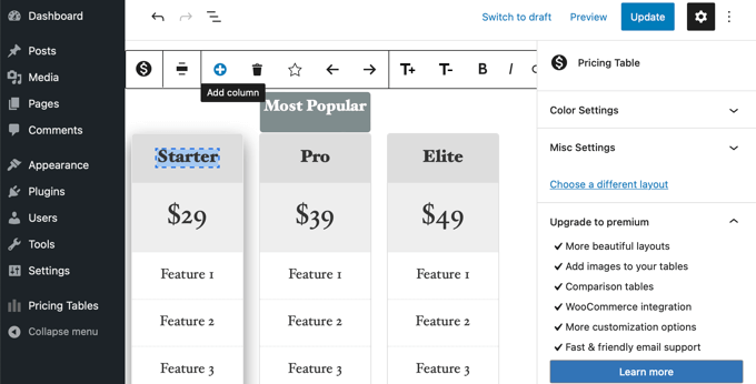 Customize the Pricing Table