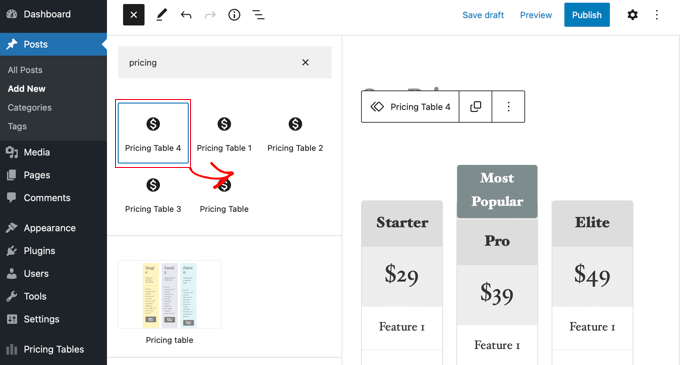 Search for the Correct Pricing Table Block