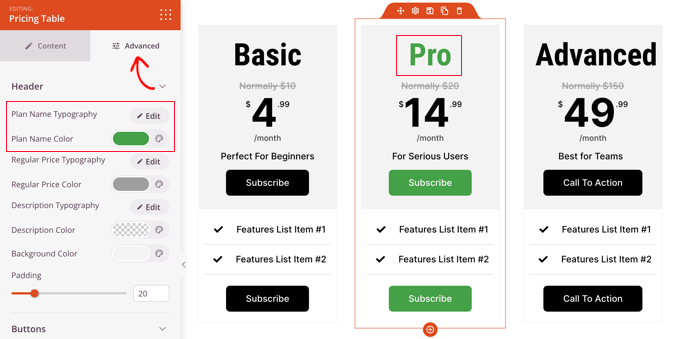 Customize Your Pricing Table Blocks Using the Advanced Tab