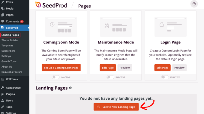 یک صفحه فرود SeedProd جدید اضافه کنید