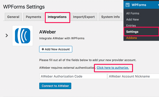Integrating AWeber to WPForms