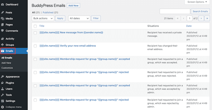 Creating email notifications for your WordPress social network site