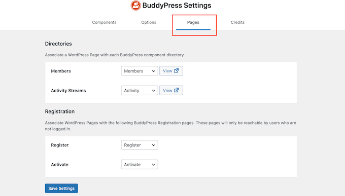 The BuddyPress social network plugin settings