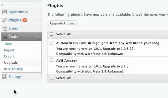 WordPress 2.9 Plugin update screen