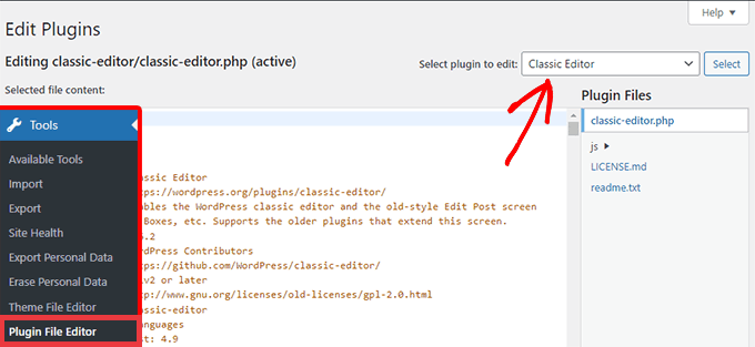 Select a plugin to edit in the plugin file editor tool