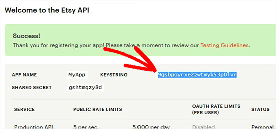 Скопируйте ключ API Etsy