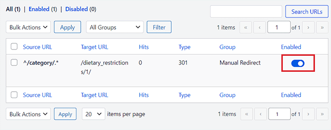 Disable the redirect by toggling the switch