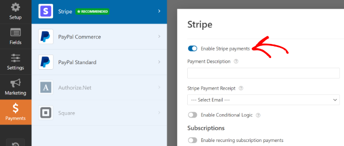 Enable Stripe payments in WPForms