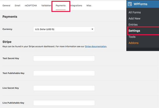WPForms payments settings