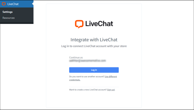 Login to LiveChat in WordPress