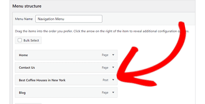 Post can now be seen in the Menu Structure section