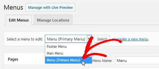 Select menu to edit