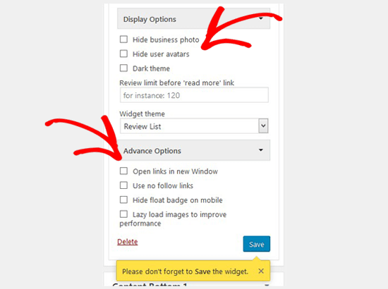 Yelp display and advance settings