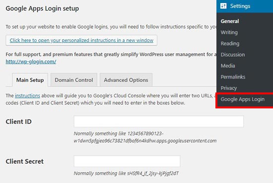 Apps login settings page