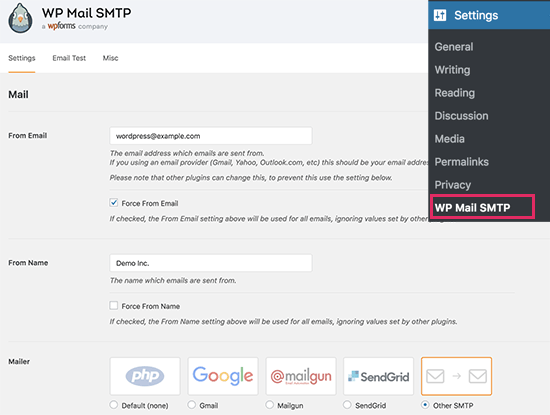 WP Mail SMTP Settings