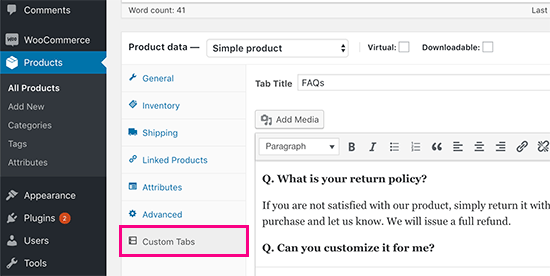 Adding a product faqs tab