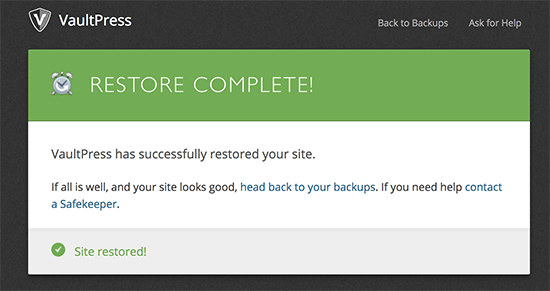 VaultPress restore successful