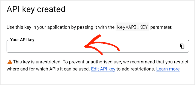 An example of a Google API key, created in the Cloud Console