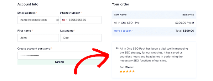 AIOSEO testimonial on cart page