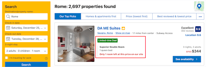 Booking.com urgency and scarcity example