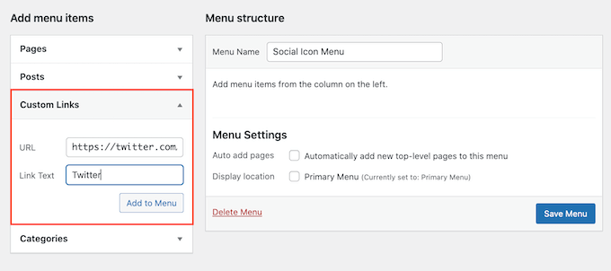 Adding custom links to a social media menu