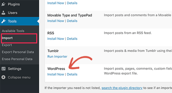 Установите импортер WordPress