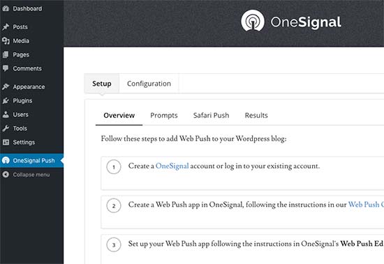 Cómo Configurar Notificaciones Push en WordPress. Página de configuración de OneSignal