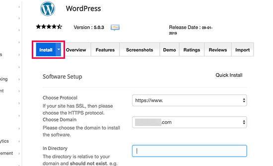 Haga clic en la pestaña de instalación para continuar instalando WordPress usando Softaculous