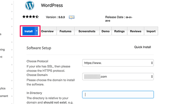 Click on the install tab to continue installing WordPress using Softaculous