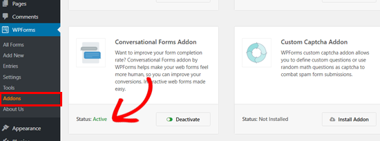 WPForms Forms addon Forms addon active