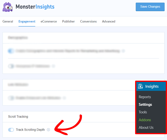 MonsterInsights Scroll Depth Tracking Option