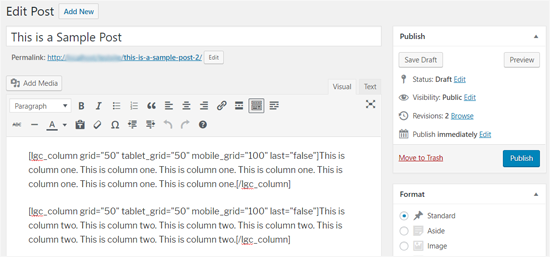 Shortcode and Content for 2 Columns in WordPress