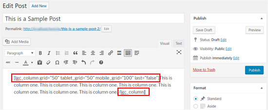 Shortcode and Content Added to WordPress Column