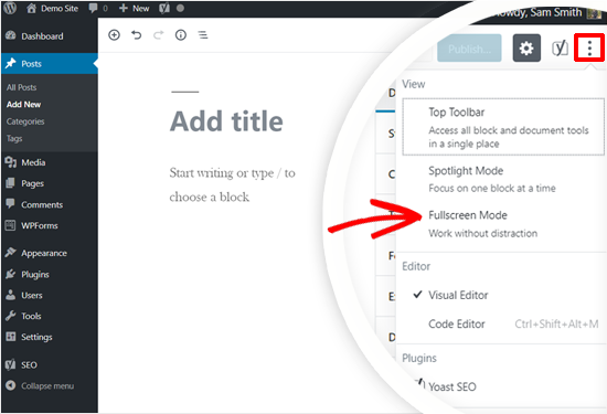 Select Fullscreen Mode in WordPress Post Editor